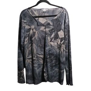 Y2K Espresso Grunge Gray Mesh Top Long Sleeve 2X V Neck Lettuce Hem Tie‎ Dye